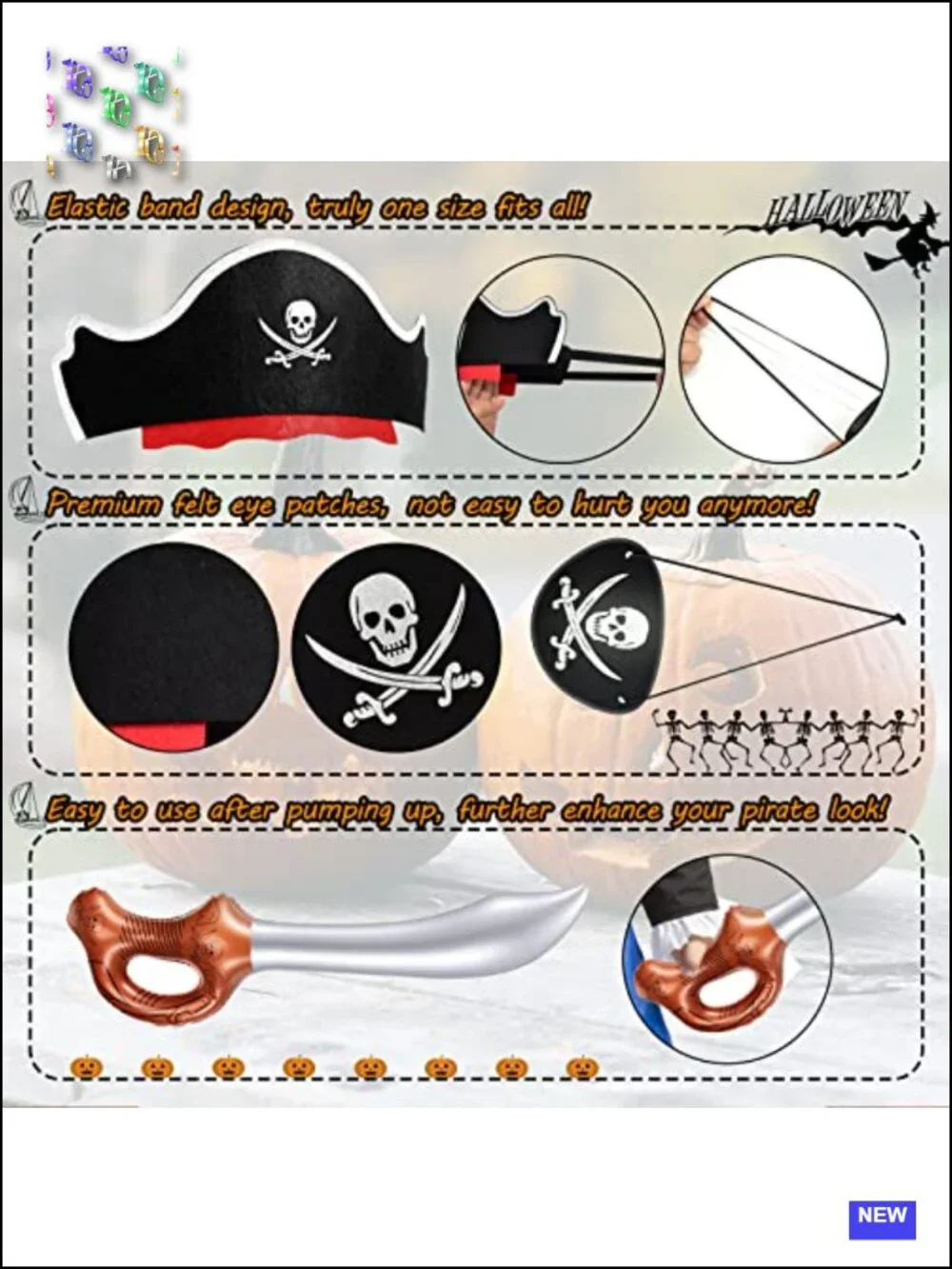 18pc Pirate Party Set for Kids - 6 Hats 6 Eye Patches 6 Inflatable Swords